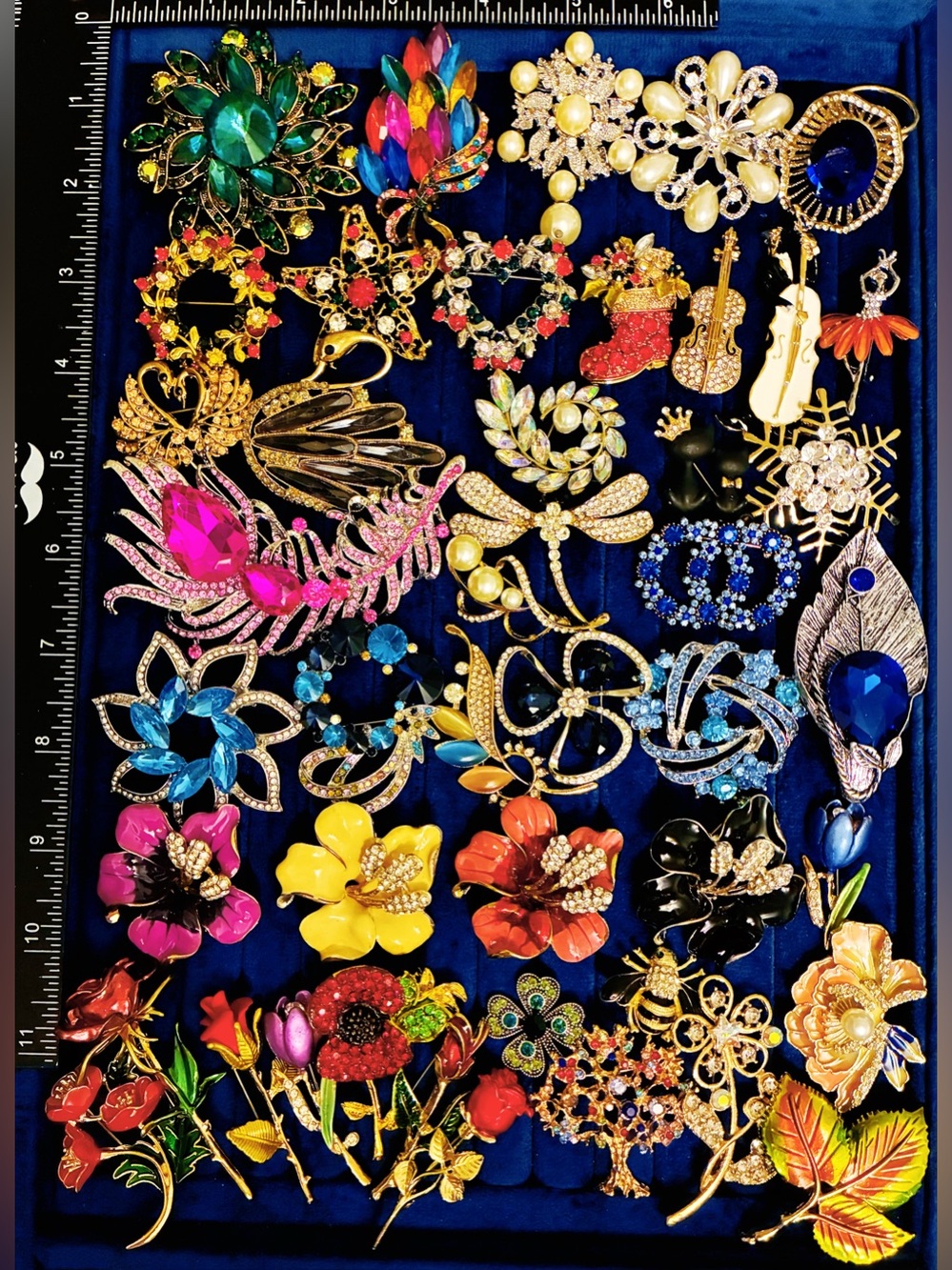 Lot of 45 Flower Rhinestone Enamel Brooch Pins Swan Dragonfly Ballet Mixed